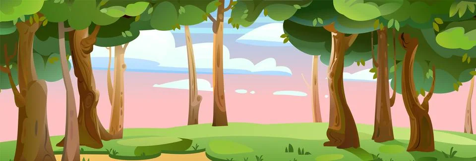 Sunset in forest. View of trees. Scenery Landscape. Fun cartoon style. Vector Stock Illustration