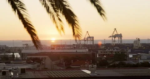 Sunset at Fremantle War Memorial overlooking Fremantle Container Terminal Stock Footage