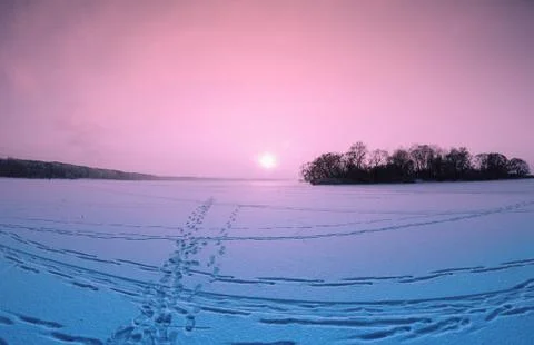 Sunset On The Frozen Lake Stock Photos