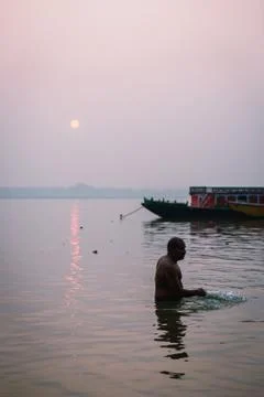 Sunset by the Ganges River in Varanasi Stock Photos