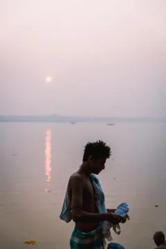 Sunset by the Ganges River in Varanasi Stock Photos