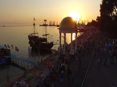 Sunset. Gazebo on the beach Stock Footage 69994960