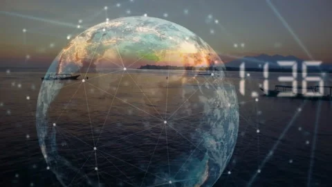 Sunset glow activating wireframe globe rising over seascape, pulsing network 스톡 동영상 312003994