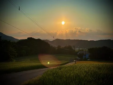 Sunset Glow Over Green Fields in Sobetsu, Hokkaido Countryside Stock Photos