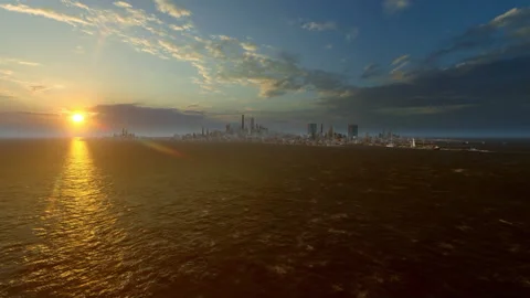 Sunset going down over a large island, city skyline on the horison Vidéo 158732447