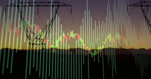 Sunset gradient starting overlay animating bars, candles and line over pylon, Stock Footage 322221218