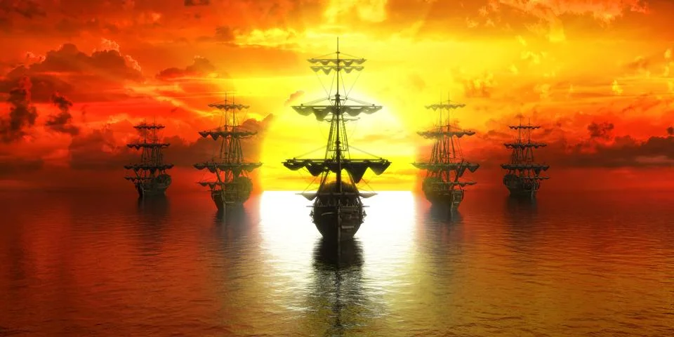Sunset, group of ships against the setting sun Stock Illustration