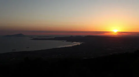 Sunset on the gulf of Naples and Mt Circeo - wide view Stock Footage 34663791