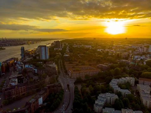 Sunset at the Hambuger Harbor Foto stock