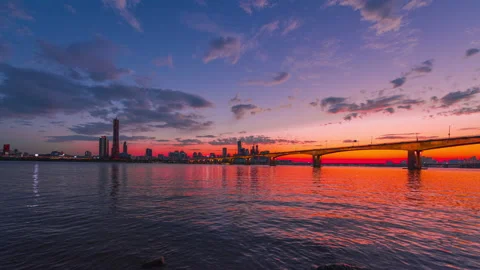 Sunset at Han river and bridge in Seoul City,South Korea Stock Footage 145341436