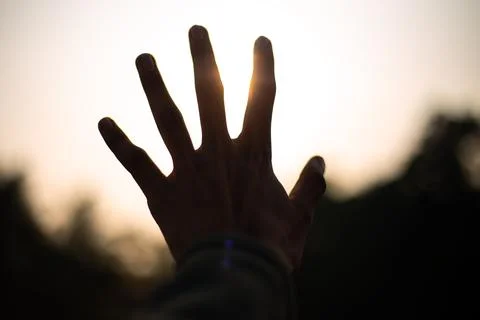 Sunset with hand &amp; flares Stock Photos