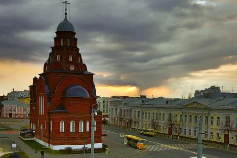 Sunset from hard clouds on background of The Golden Gate in Vladimir city. Fa Stock Photos