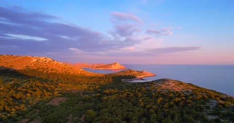 Sunset HDR evening aerial flight over Kornati Islands national park cliff Stock Footage 155963825