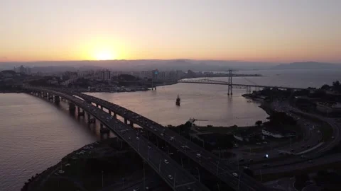 Sunset from the Hercilio Luz bridge in Florianopolis brazil Stock Footage 274457809
