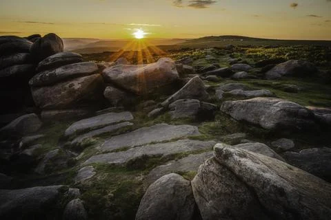 Sunset on Higger Tor in Peak District, UK Stock Photos