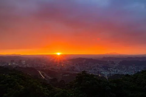 Sunset high angle view of the cityscape form Wenshan District Stock Photos