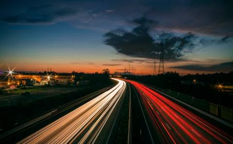 Sunset Highway Light Trails Long Exposure Stock Photos