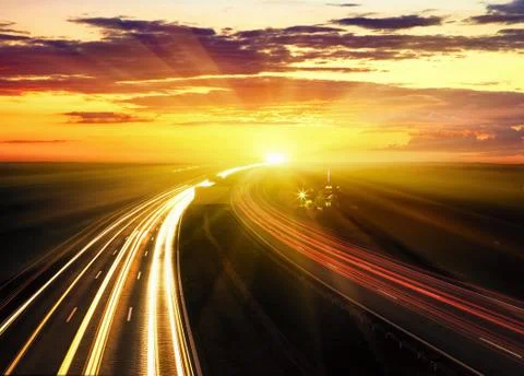 Sunset On The Highway. Stock Photos