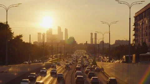 Sunset highway traffic building Video stock 274414837
