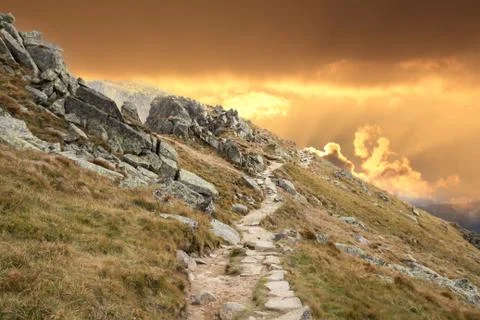 Sunset on hiking trail Stock Photos