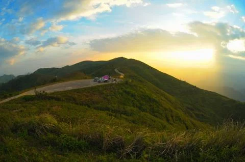 Sunset on the hill camping. Stock-Fotos