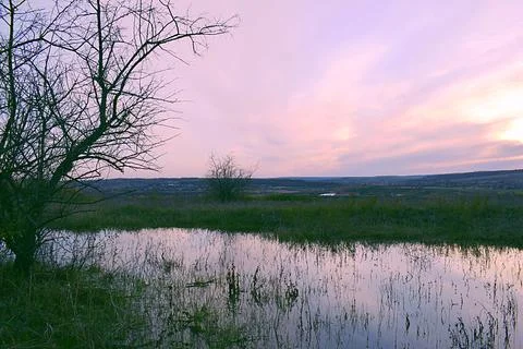 Sunset in a hilly area in spring. Stock Photos