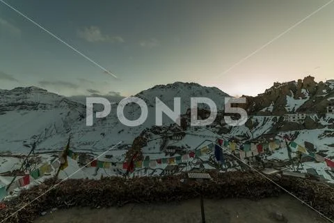 Sunset in Himalayan Village - Sun star burst in mountains Stock Photos