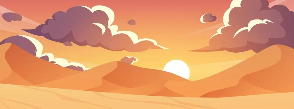Sunset horizon landscape vector Anime illustration, desert surface with hills Stock Illustration