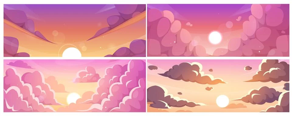 Sunset horizon landscape vector flat illustrations set Anime style, sky with Ilustración de archivo