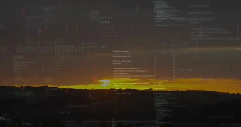 Sunset horizon receiving data feed, code overlays drifting across sky and Vidéo 330767903