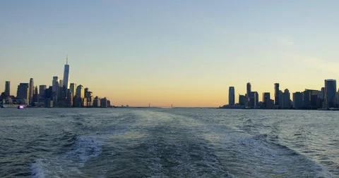 Sunset On Hudson River Moving Away From Incredible New York Skyline At Evening Stock Footage 112217009