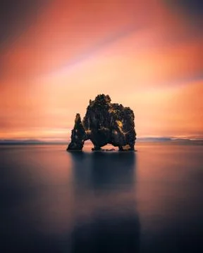 Sunset at the Hvitserkur basalt stack in northern Iceland Stock Photos