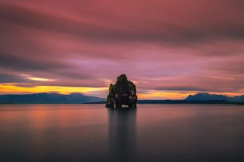 Sunset at the Hvitserkur basalt stack in northern Iceland Stock Photos