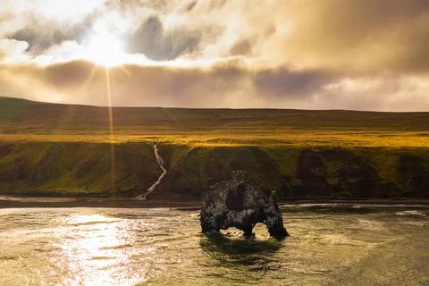 Sunset at the Hvitserkur basalt stack in northern Iceland Stock Photos