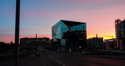 Sunset hyperlapse of new cube building at Berlin central station Stock Footage 135901762