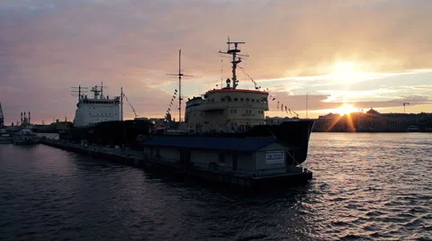 Sunset With Icebreakers Moored In Center Of Saint-Petersburg City Stock Footage 64906123