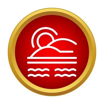 Sunset icon with sun setting over hills and water Stock Illustration
