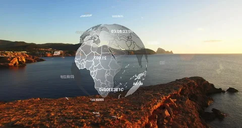 Sunset illuminating headland, digital globe emerging, rotating continents, Stockbeeldmateriaal 315893739