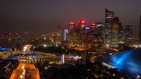 Sunset illumination hangzhou downtown riverside traffic bay aerial 4k china Stock Footage 125488398