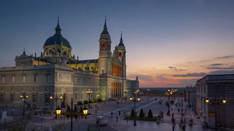 Sunset illumination madrid cathedral crowded square timelapse 4k spain Stock Footage 162134668