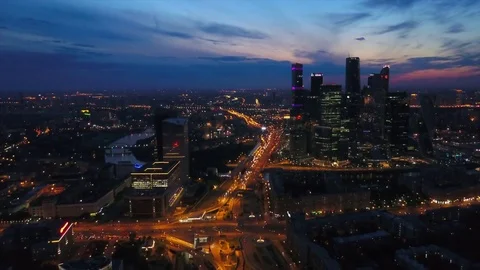 Sunset illumination modern moscow city traffic road aerial panorama 4k russia Stock Footage 82372128