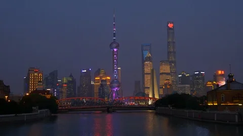 Sunset illumination shanghai city downtown river bay panorama 4k china Stock Footage 94442372
