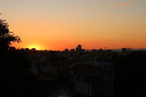 Sunset of intense orange color over the old town of Plovdiv, Plowdiw, Bulgari Stock Photos