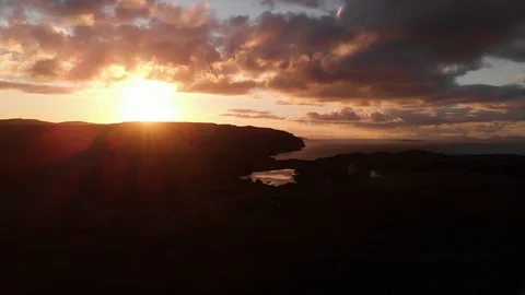 Sunset Isle Of Sky Panoramic View Outer Hebrides Mountain Range Aerial Video stock 108871476