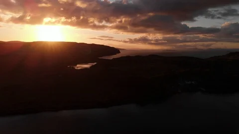 Sunset Isle Of Skye Coastline Outer Hebrides Mountains Silhouetted Aerial Stock Footage 108871096