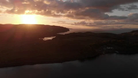 Sunset Isle Of Skye Coastline Outer Hebrides Mountains Silhouetted Aerial Cine D Stock Footage 108871103