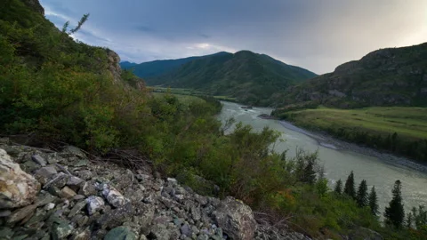 Sunset on the Katun River in Altai Stock Footage 186940454