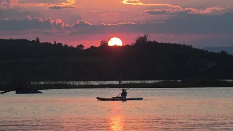 Sunset with Kayaker Silhouette on Lake Stock-Footage 345041594
