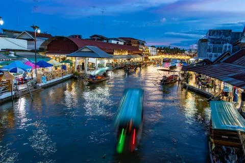 A sunset at Khlong Lat Mayom Floating Market Stock Photos
