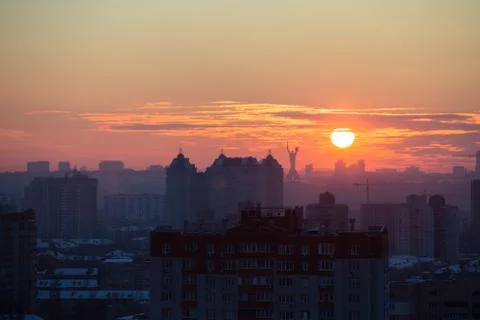 Sunset in Kiev, evening view of the panorama of the city, the church and the  Stock Photos